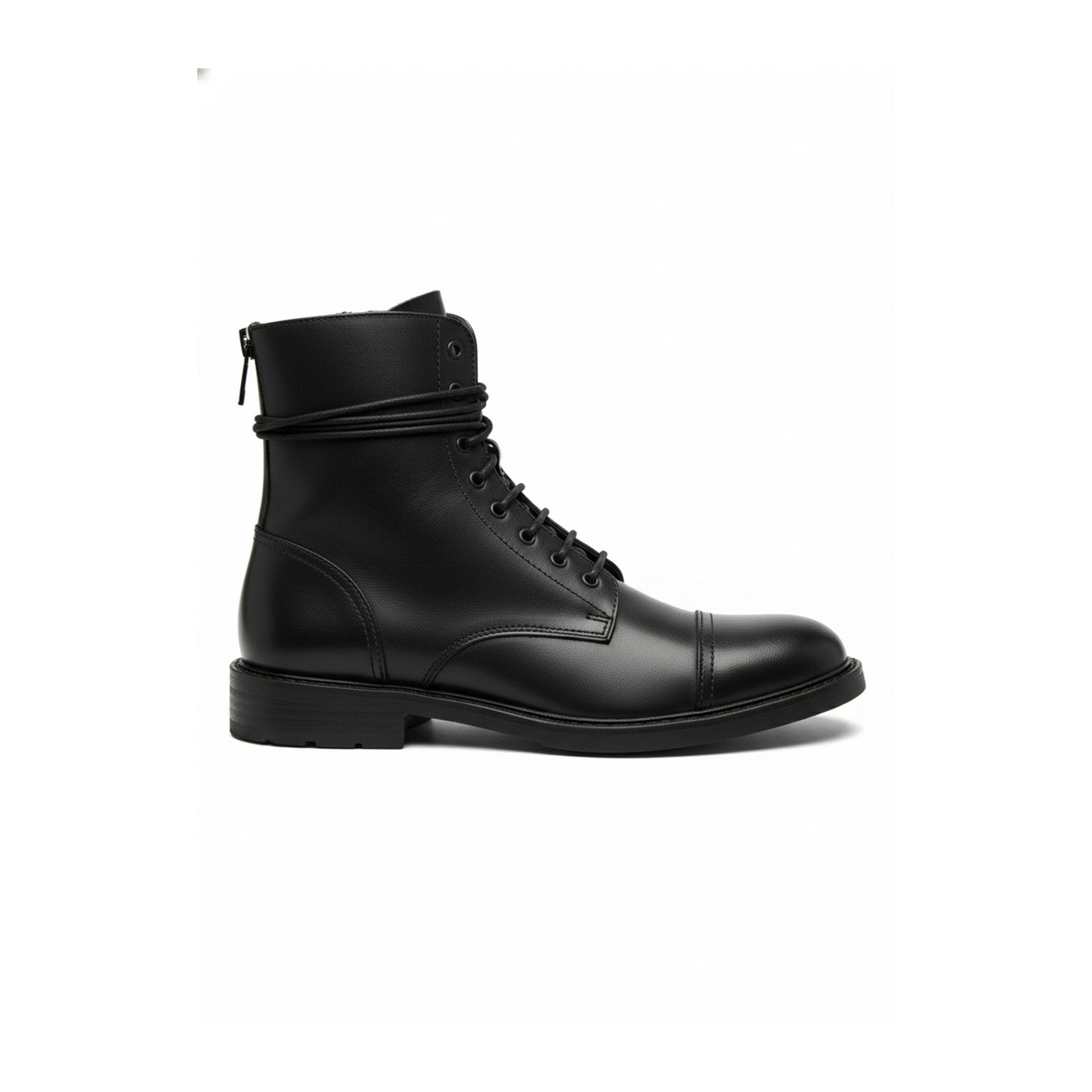 side-view - Men's Black Leather Combat Boots with Lace-Up Design