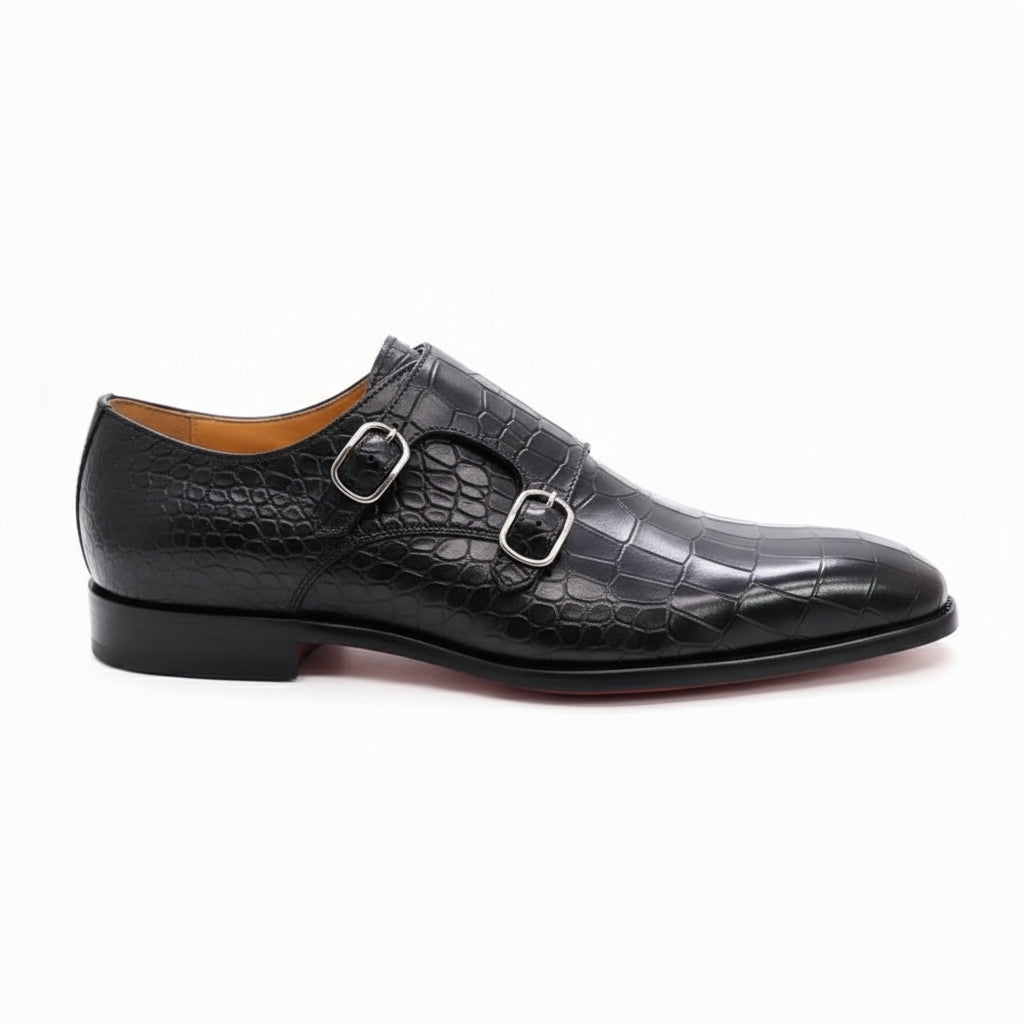 side-view - Men's Black Leather Double-Buckle Monk Shoes with Crocodile Pattern