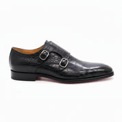 side-view - Men's Black Leather Double-Buckle Monk Shoes with Crocodile Pattern