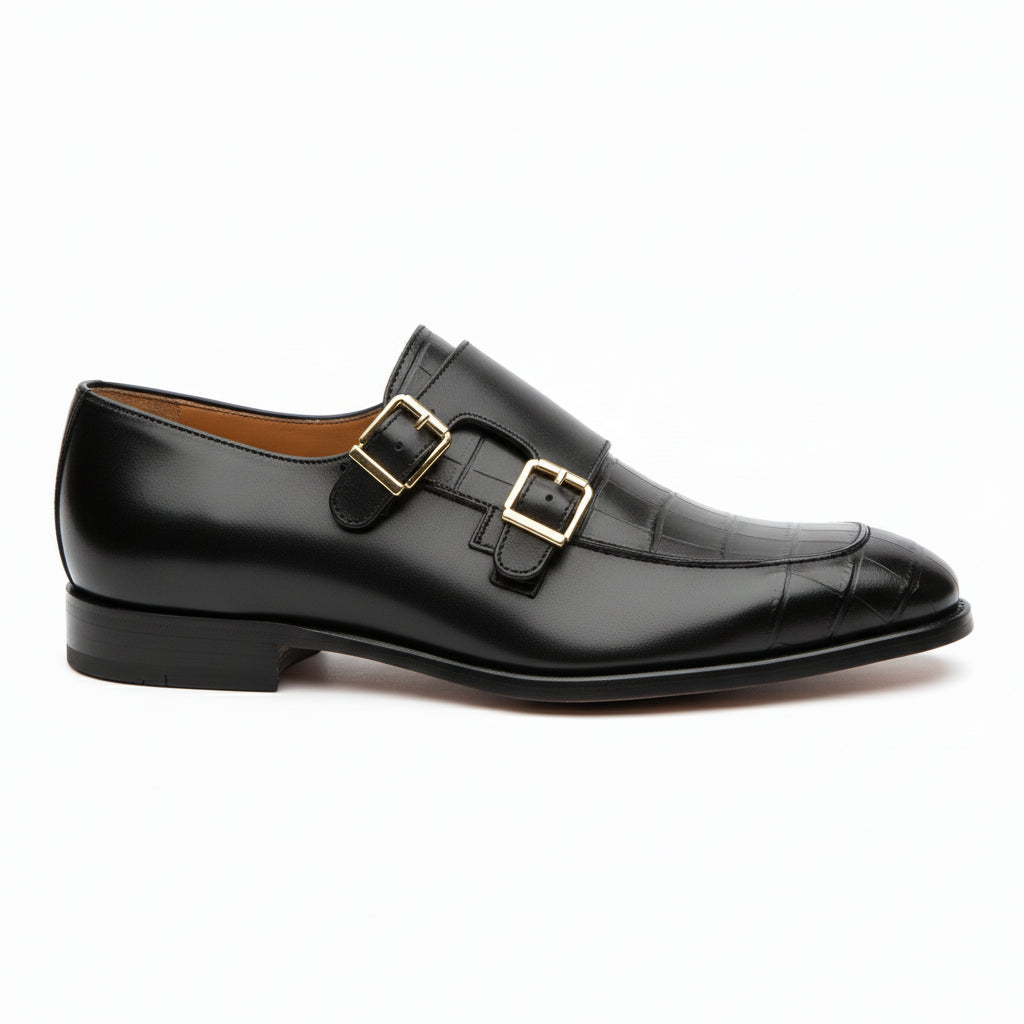 side-view - Men's Black Leather Double Monk Moccasin Shoes