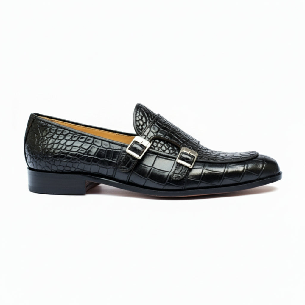 side-view - Men's Black Leather Double Monk Moccasin Shoes