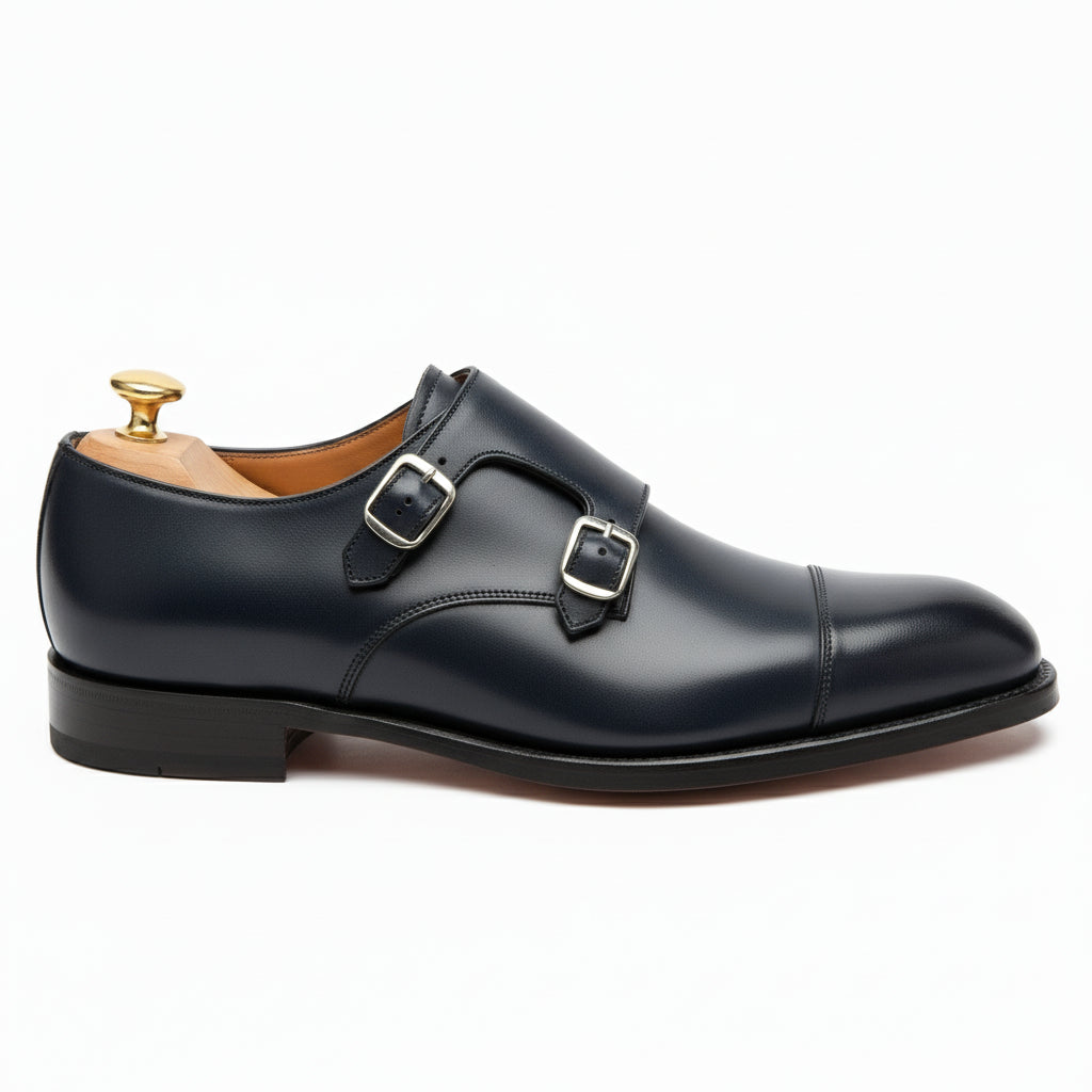 side-view - Men's Black Leather Double Monk Shoes