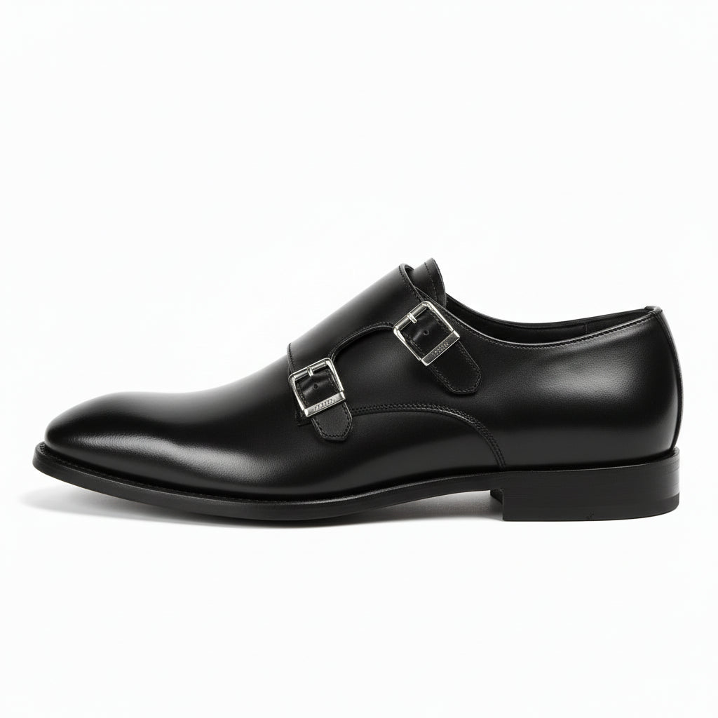 side-view - Men's Black Leather Double Monk Strap Dress Shoes