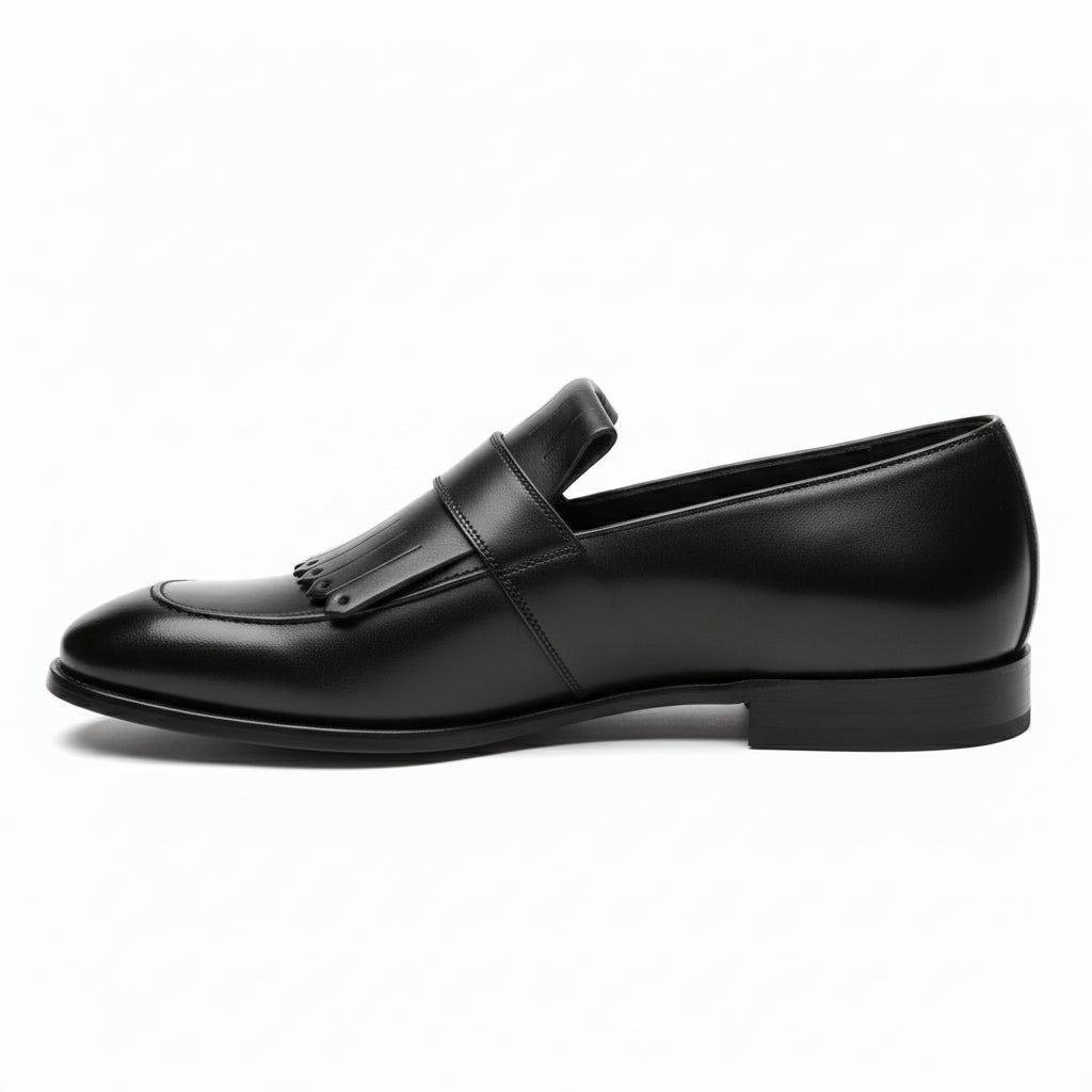 side-view - Men's Black Leather Fringe Buckle Loafers