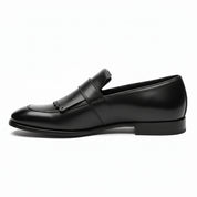 side-view - Men's Black Leather Fringe Buckle Loafers