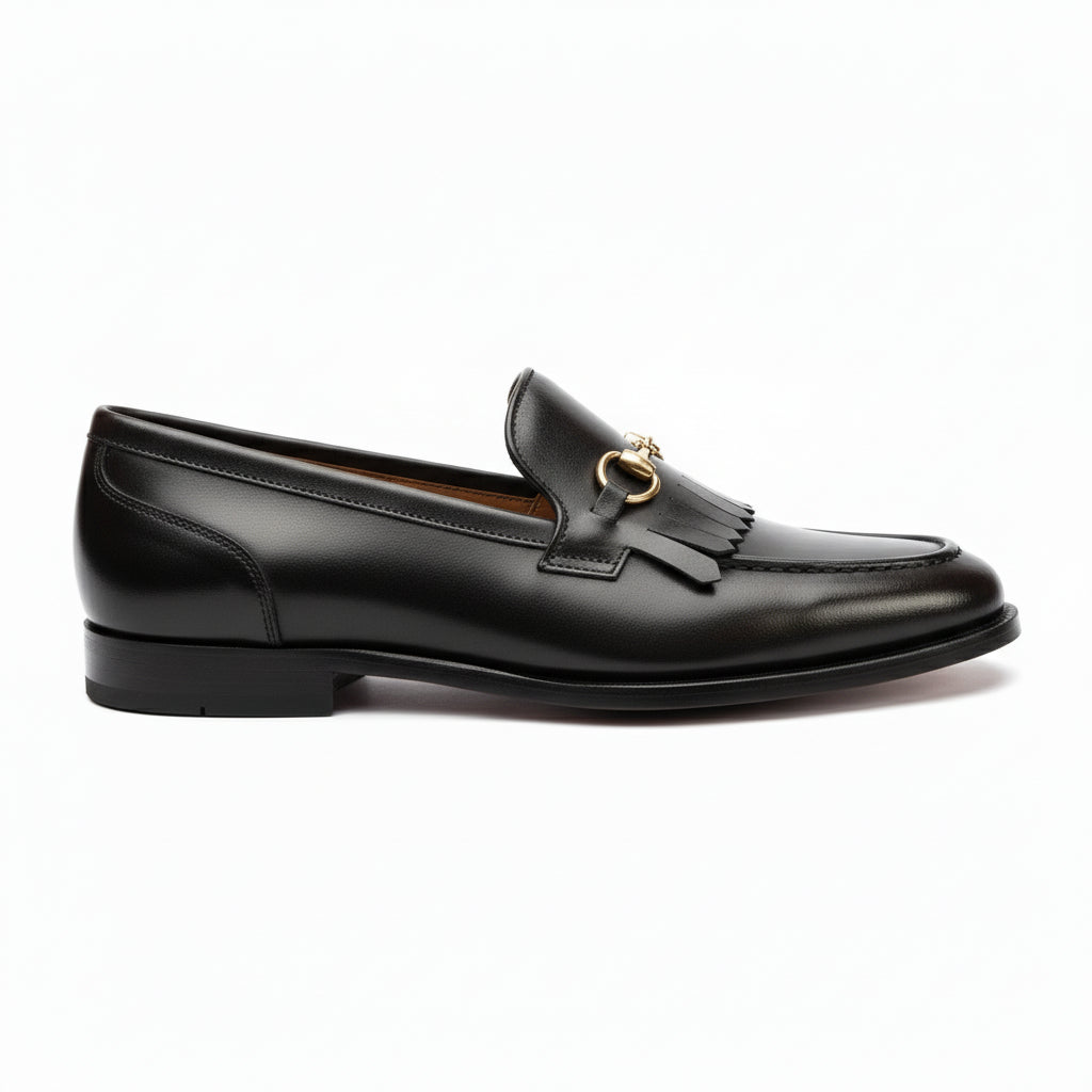 side-view - Men's Black Leather Fringe Loafer Moccasins