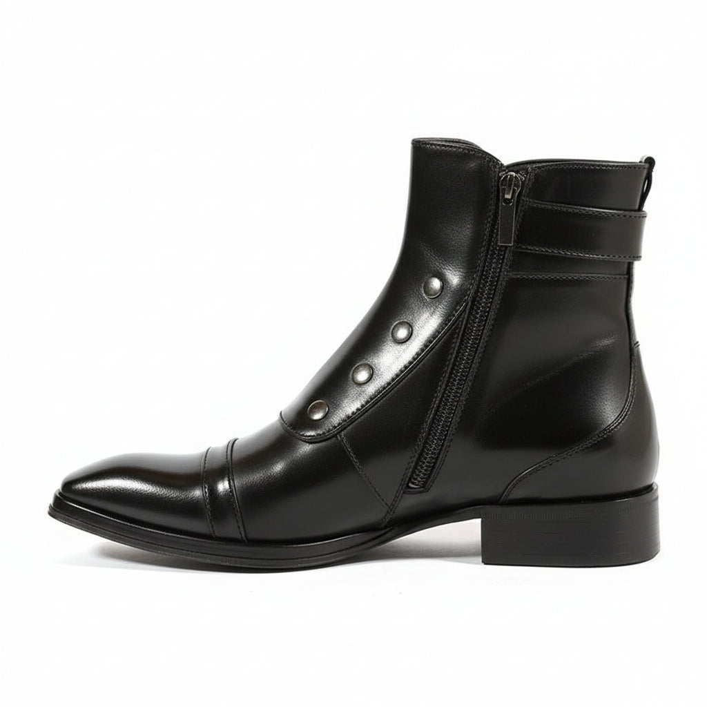 side-view - Men's Black Leather High Ankle Boots with Side Button & Zipper