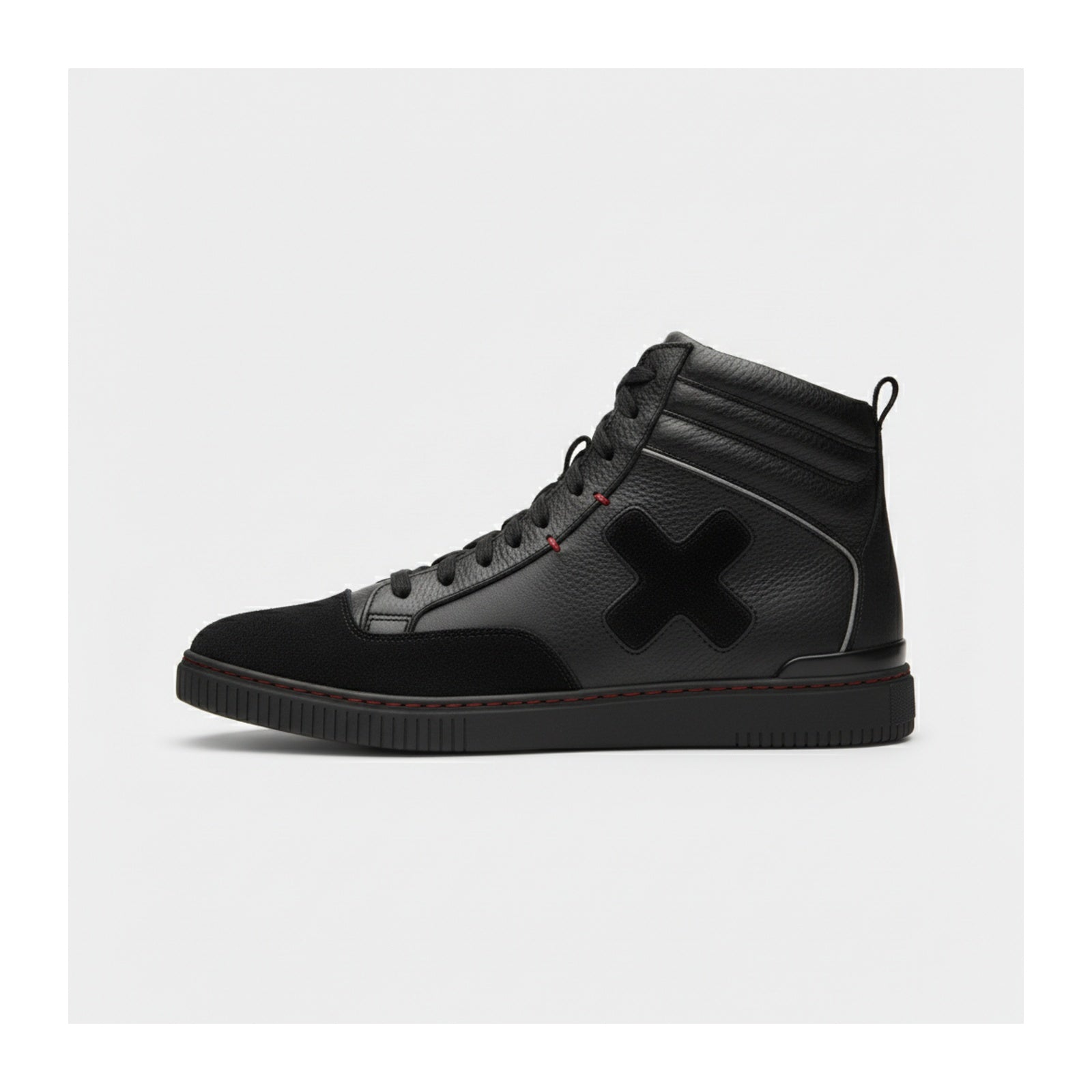 side-view - Men's Black Leather High-Top Motorcycle Sneakers