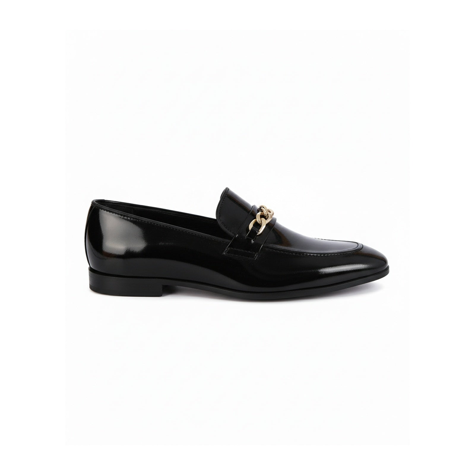 side-view - Men's Black Leather Loafers with Chunky Chain