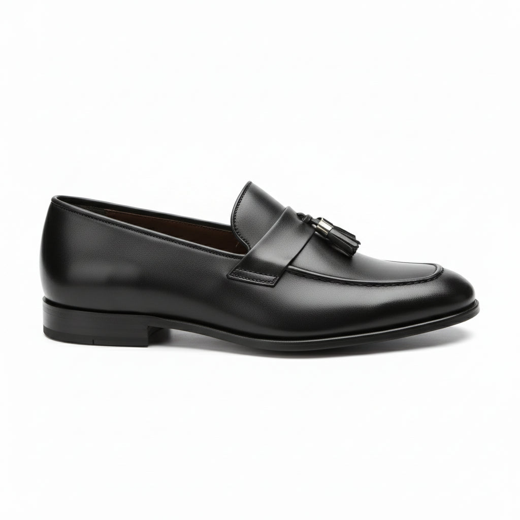 Men's Black Leather Moccasins with Tassels - side-view
