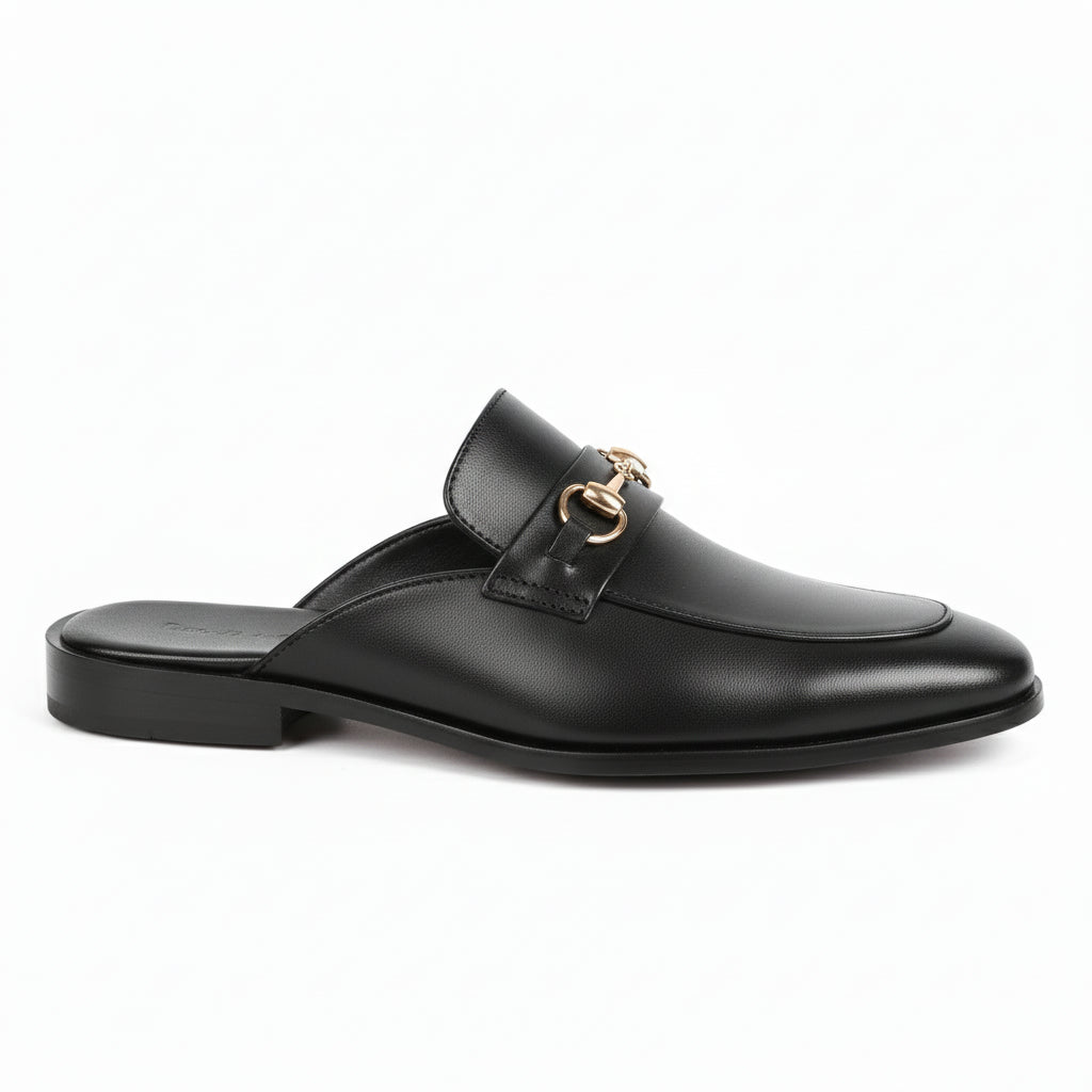 Men's Black Leather Mule Slippers with Flat Horsebit - side-view