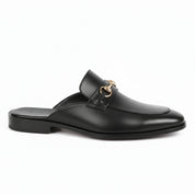 Men's Black Leather Mule Slippers with Flat Horsebit - side-view