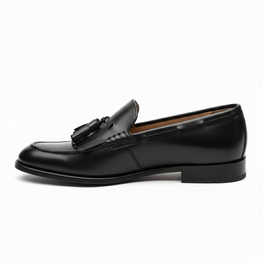 side-view - Men's Black Leather Tassel Fringe Moccasins