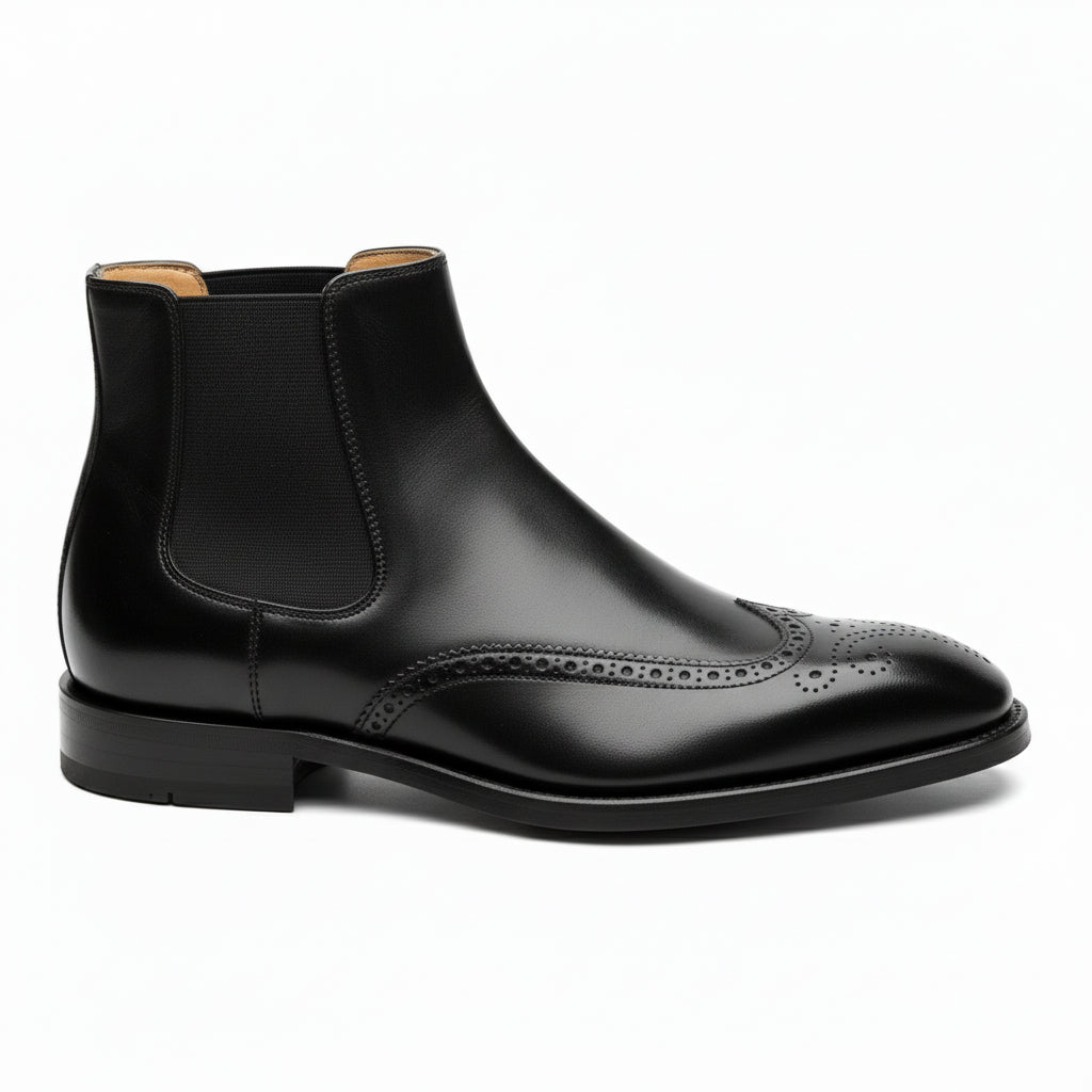 side-view - Men's Black Leather Wingtip Chelsea Boots