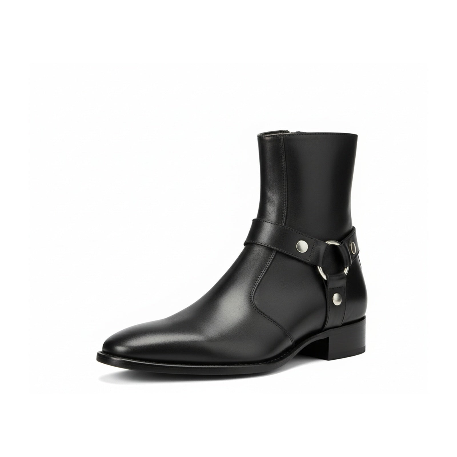 side-view - Men's Black Leather Zip Boots with Cuban Heel