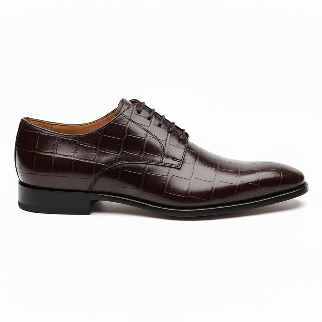 side-view - Men's Black Oxford Leather Shoes | Crocodile Texture