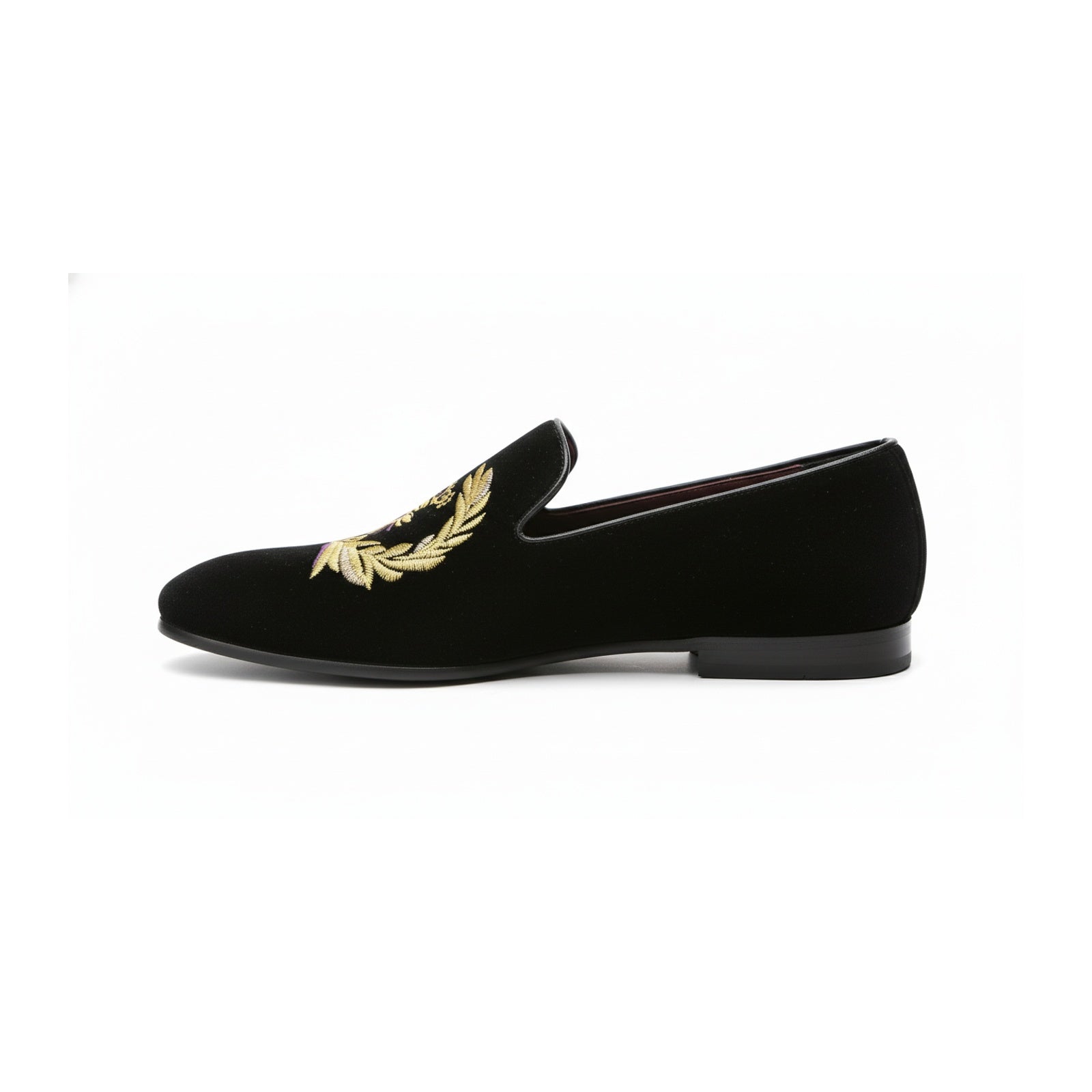 side-view - Men's Black Velvet Embroidered Loafers