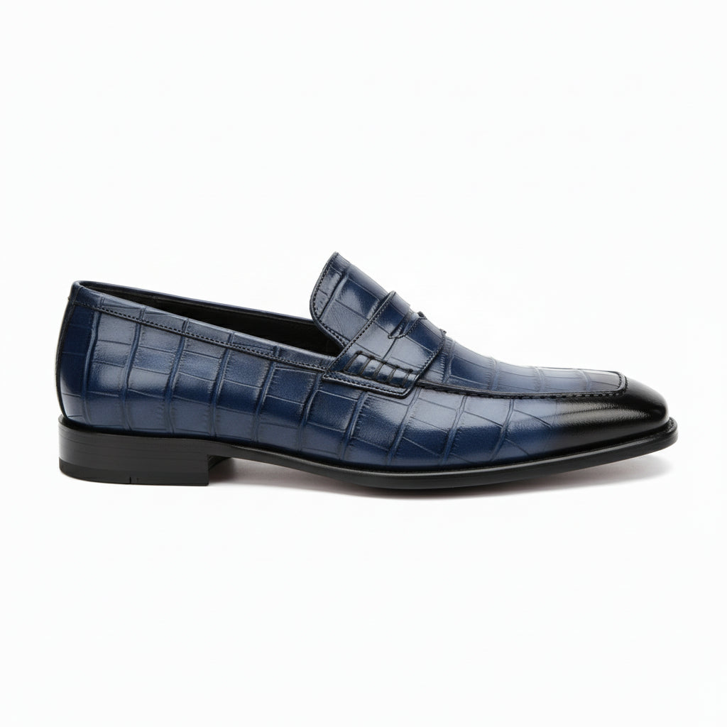 side-view - Men's Blue Alligator Print Leather Dress Loafers