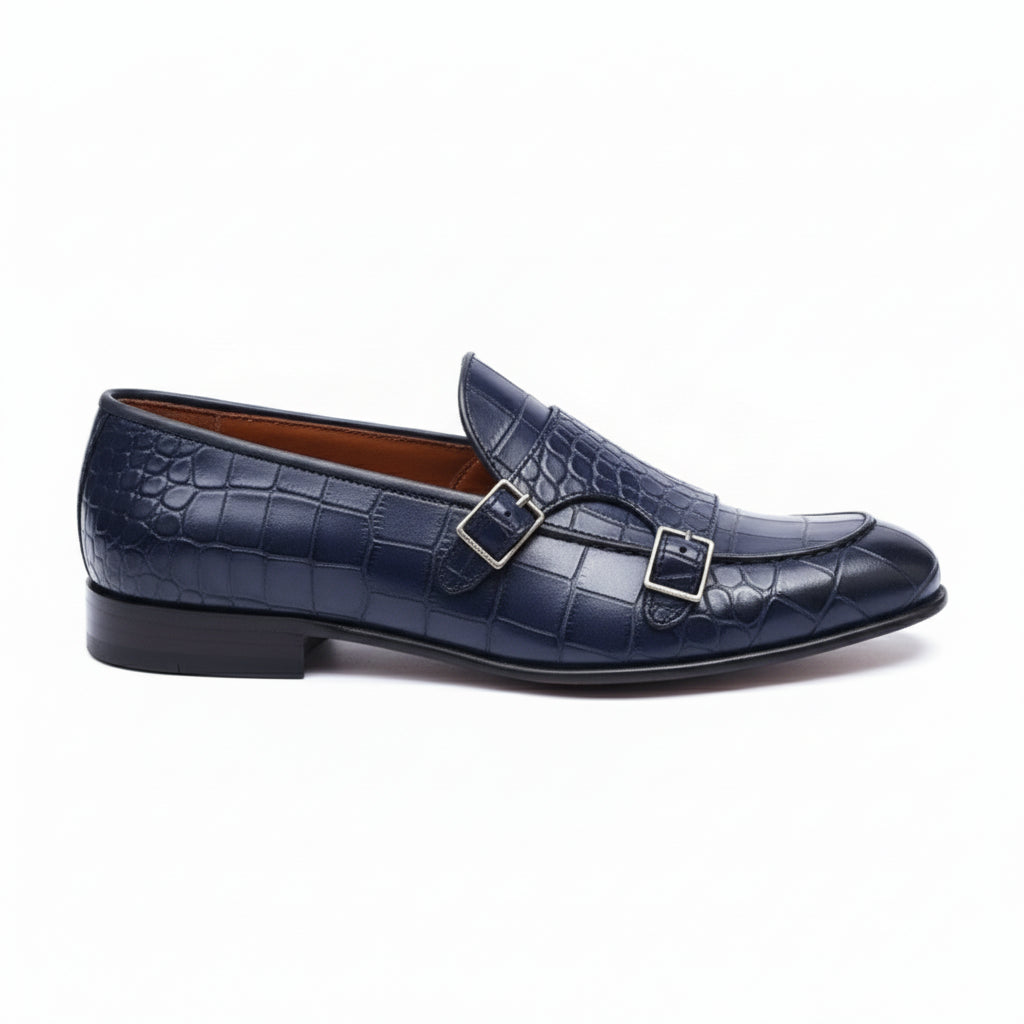 Men's Blue Crocodile Monk Strap Leather Shoes - side-view