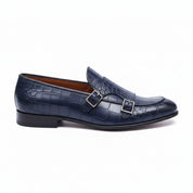 Men's Blue Crocodile Monk Strap Leather Shoes - side-view