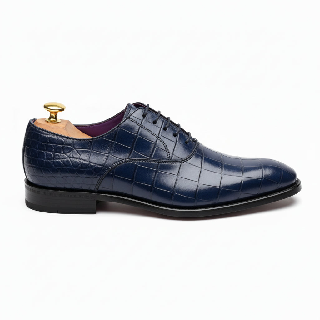 Men's Blue Lace-Up Crocodile Patterned Leather Shoes - side-view