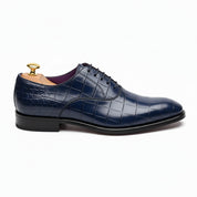 Men's Blue Lace-Up Crocodile Patterned Leather Shoes - side-view