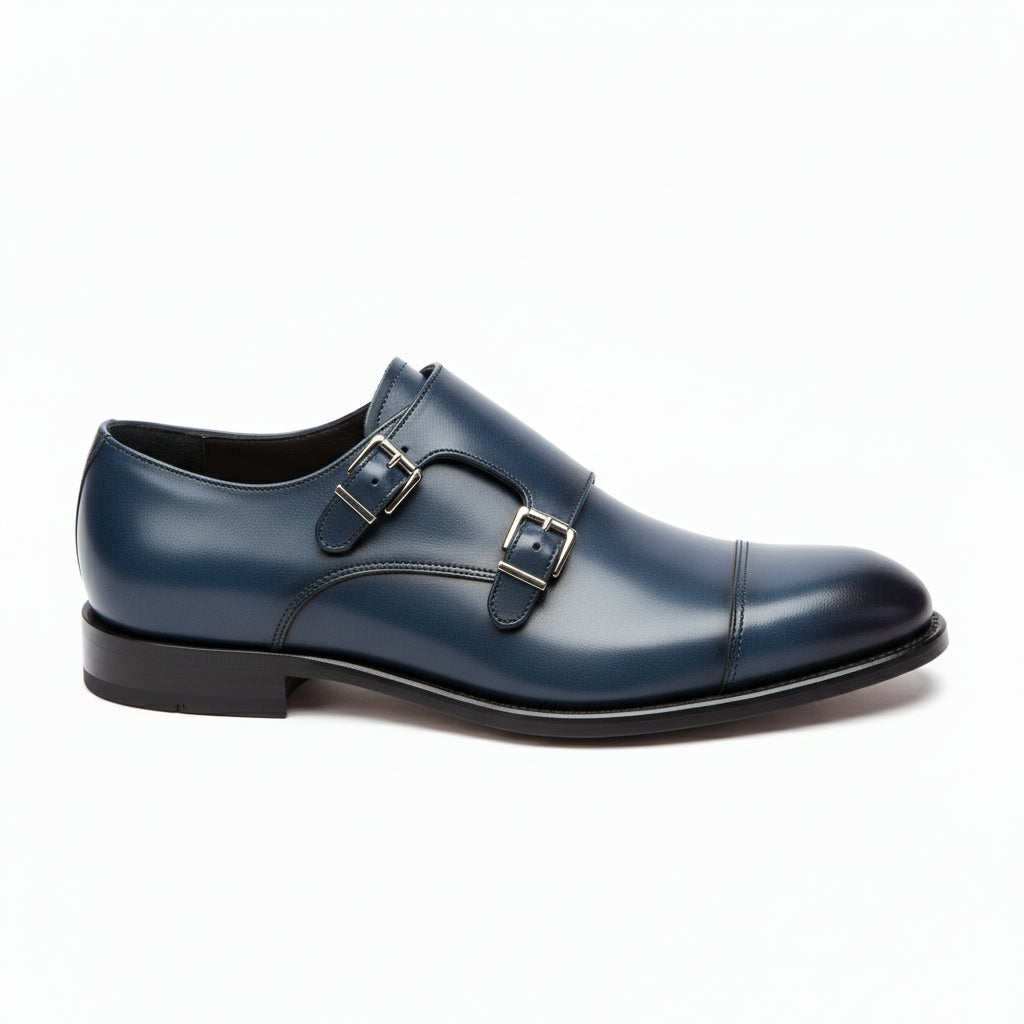 side-view - Men's Blue Leather Double Buckle Dress Shoes