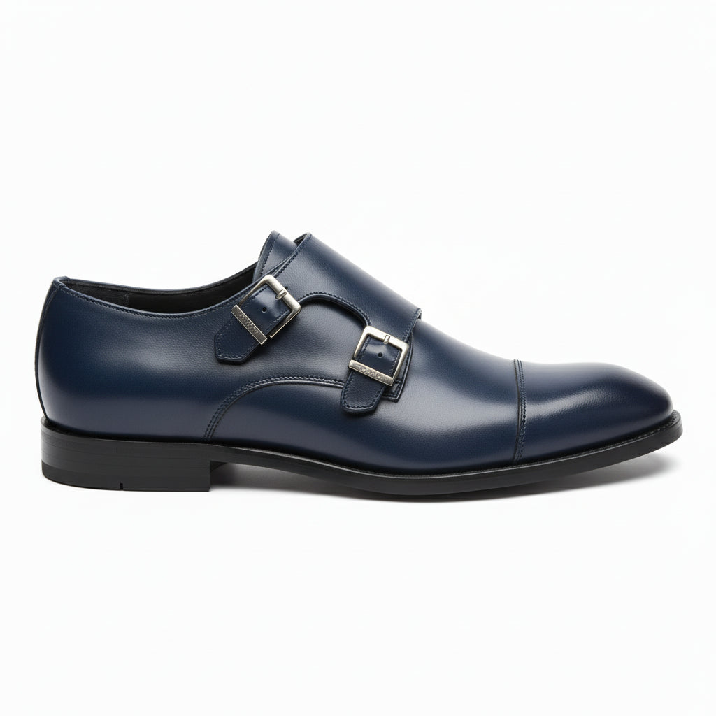side-view - Men's Blue Leather Double Monk Strap Dress Shoes