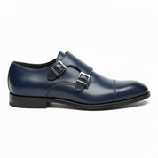 side-view - Men's Blue Leather Double Monk Strap Dress Shoes