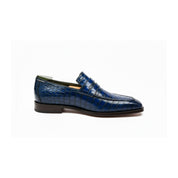 side-view - Men's Blue Leather Moccasins with Crocodile Embossing