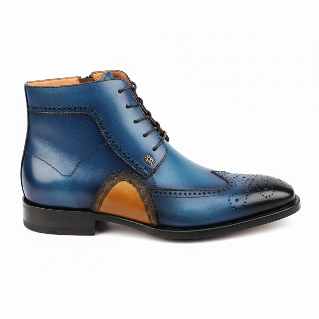 side-view - Men's Blue Leather Wing Tip Brogue Boots