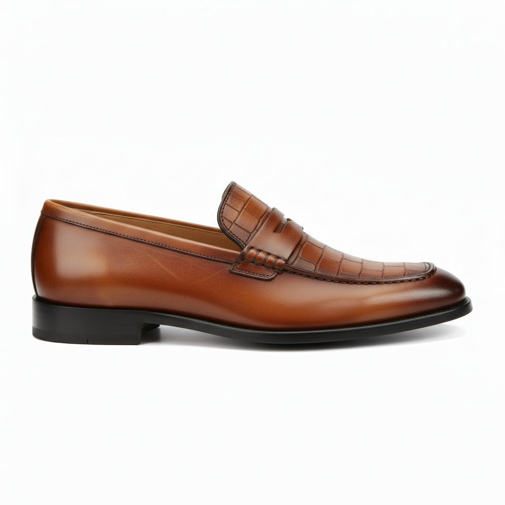 side-view - Men's Brown Crocodile Leather Moccasins - Formal Loafers