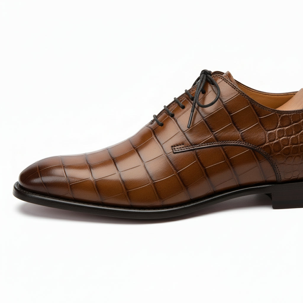 Men's Brown Crocodile-Textured Leather Dress Shoes - side-view