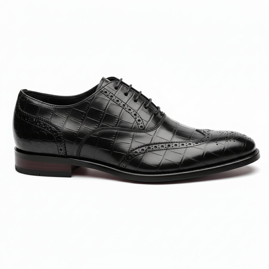 side-view - Men's Brown Leather Crocodile-Pattern Oxfords