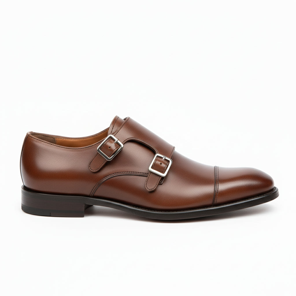side-view - Men's Brown Leather Double Buckle Oxford Shoes