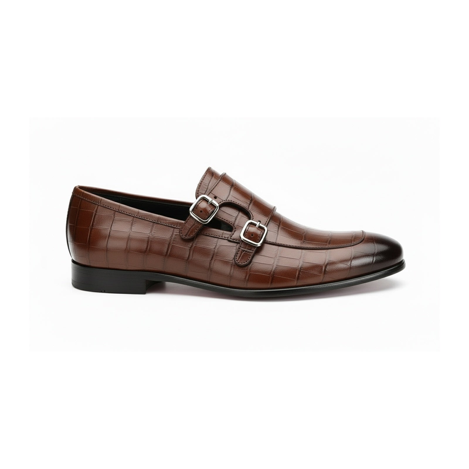 side-view - Men's Brown Leather Double Buckle Penny Loafers