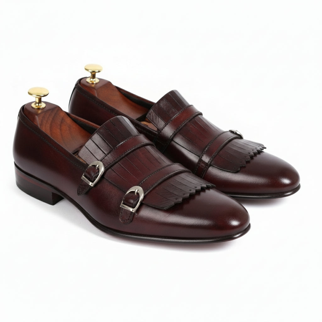 side-view - Men's Brown Leather Double Monk Shoes
