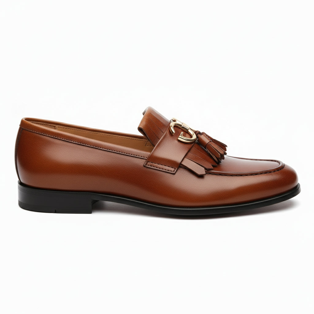 side-view - Men's Brown Leather Fringe Moccasins