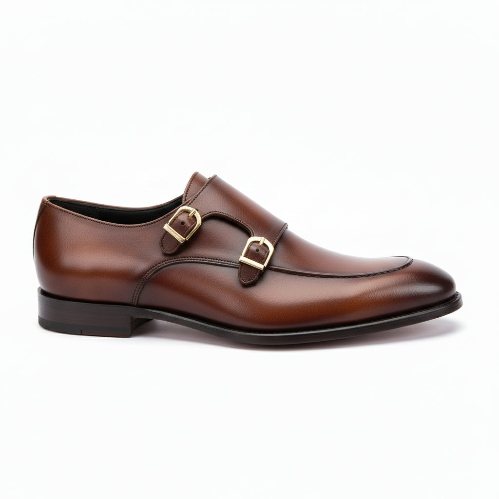Men's Burgundy Leather Double Monk Shoes, Belgian Loafer Style - side-view