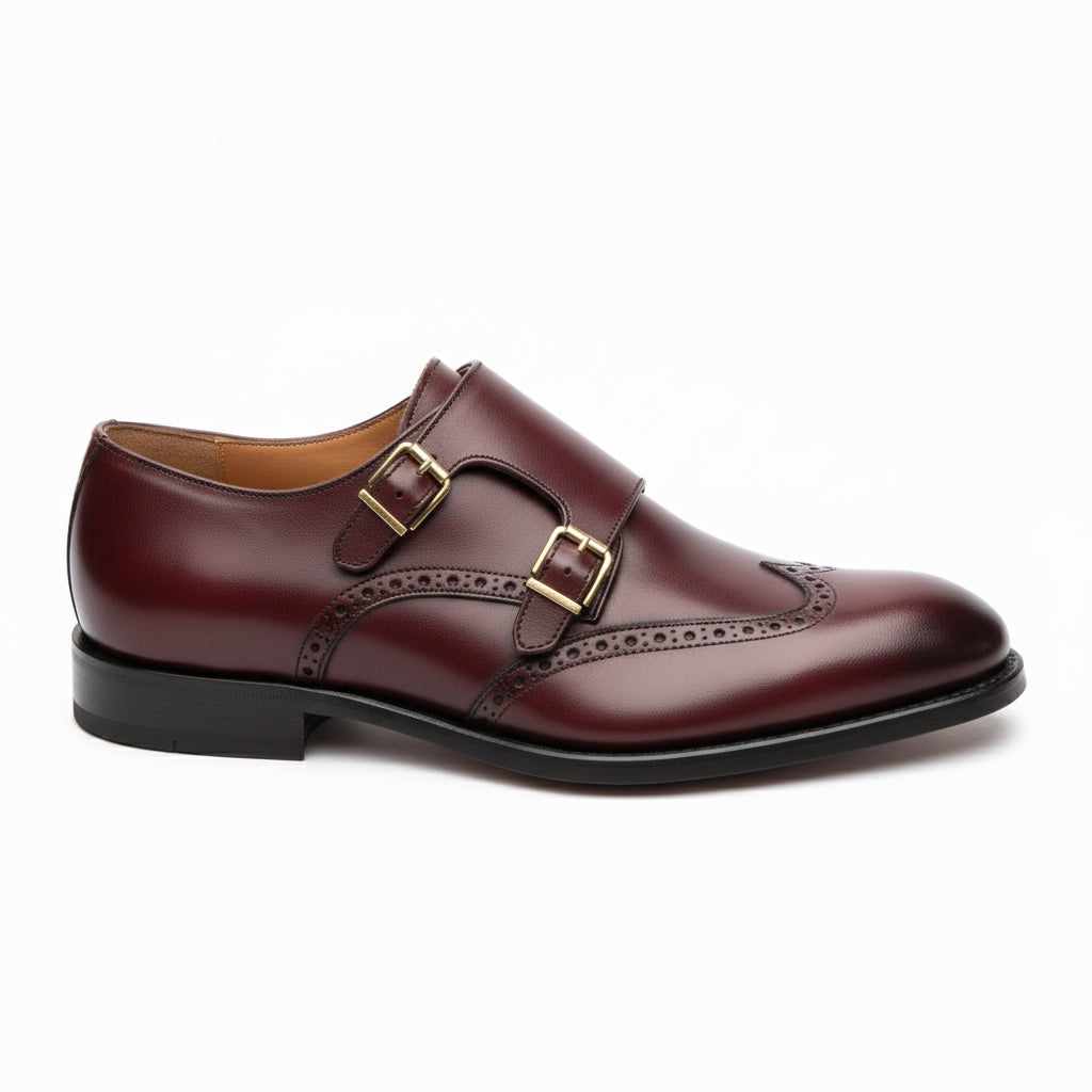 side-view - Men's Burgundy Leather Double Monk Strap Shoes