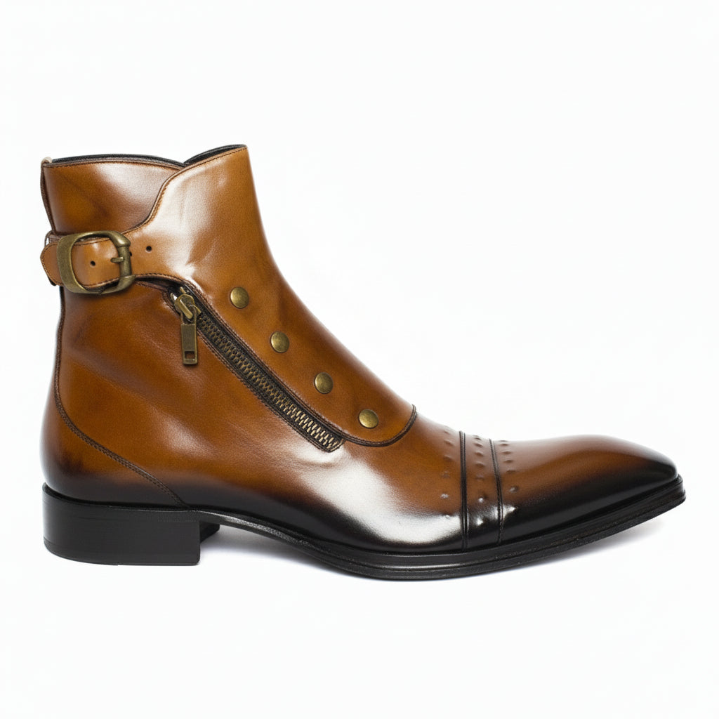 side-view - Men's Dark Tan Leather High Ankle Strap Boots