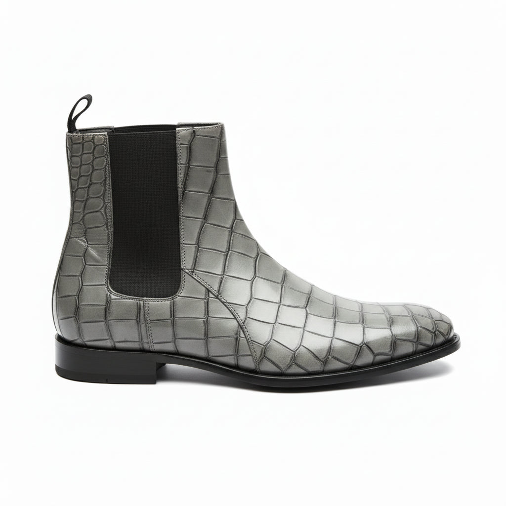 Men's Gray Crocodile Embossed Chelsea Leather Boots - side-view