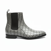 Men's Gray Crocodile Embossed Chelsea Leather Boots - side-view