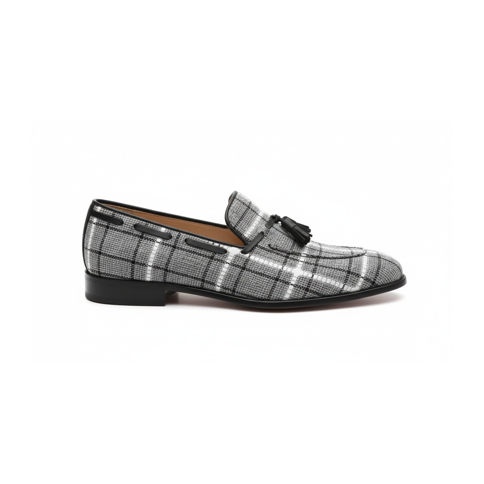 side-view - Men's Gray Tweed Fabric Loafers with Tassel Detail