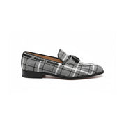 side-view - Men's Gray Tweed Fabric Loafers with Tassel Detail