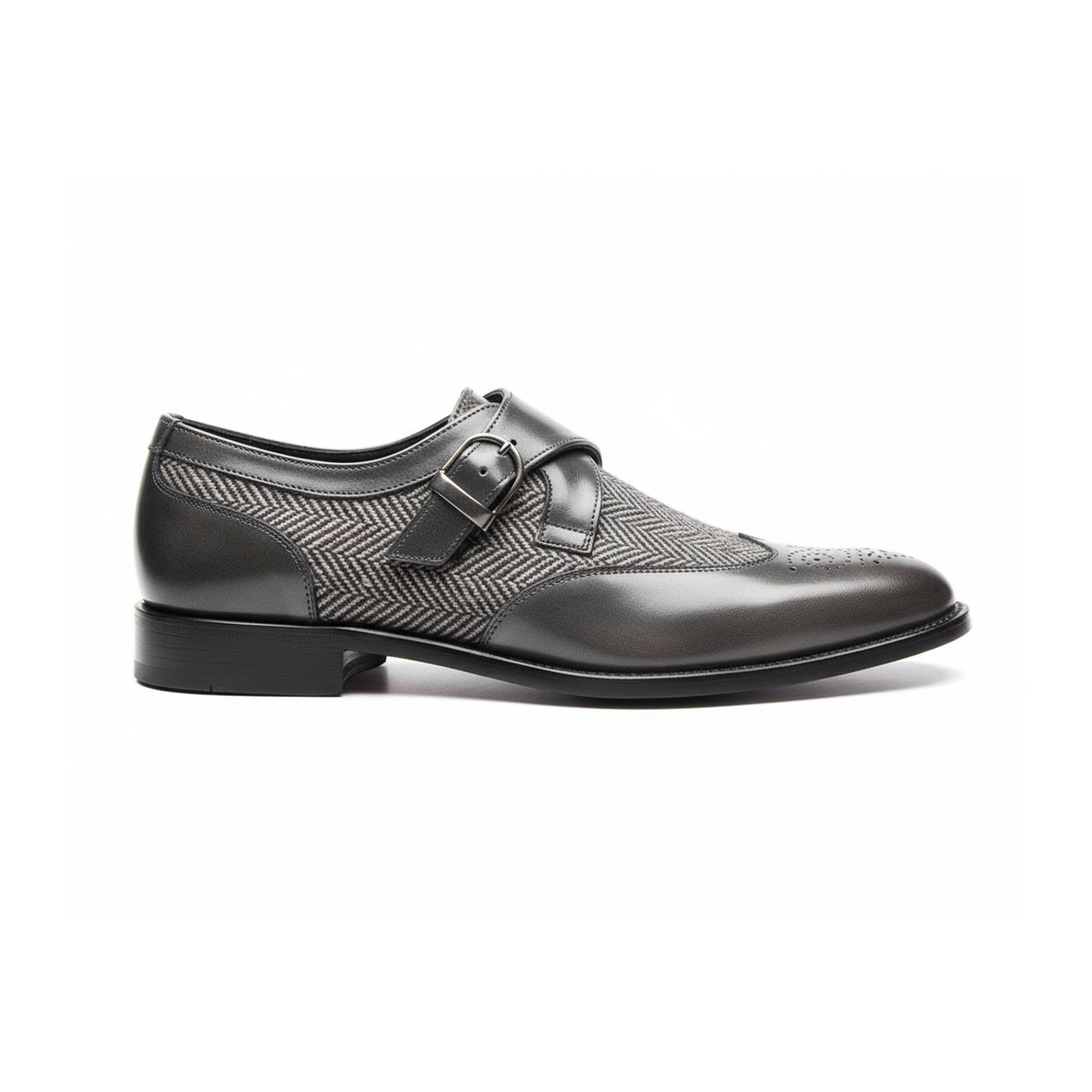 Men's Gray Wing Tip Monk Leather Shoes - side-view