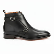 side-view - Men's Handmade Black Leather Double Monk Boots with Artisan Features