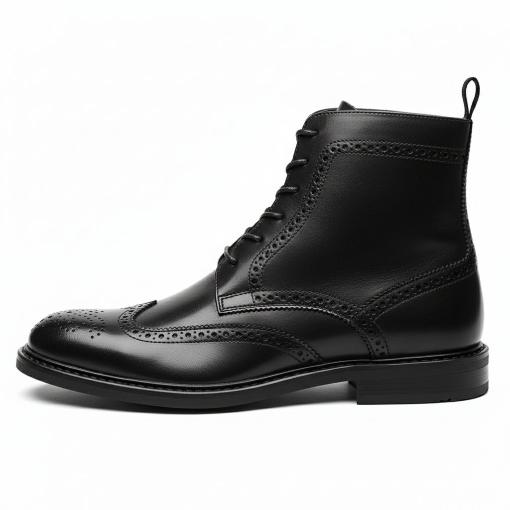 side-view - Men's Handmade Black Leather Wingtip Brogue Ankle Boots