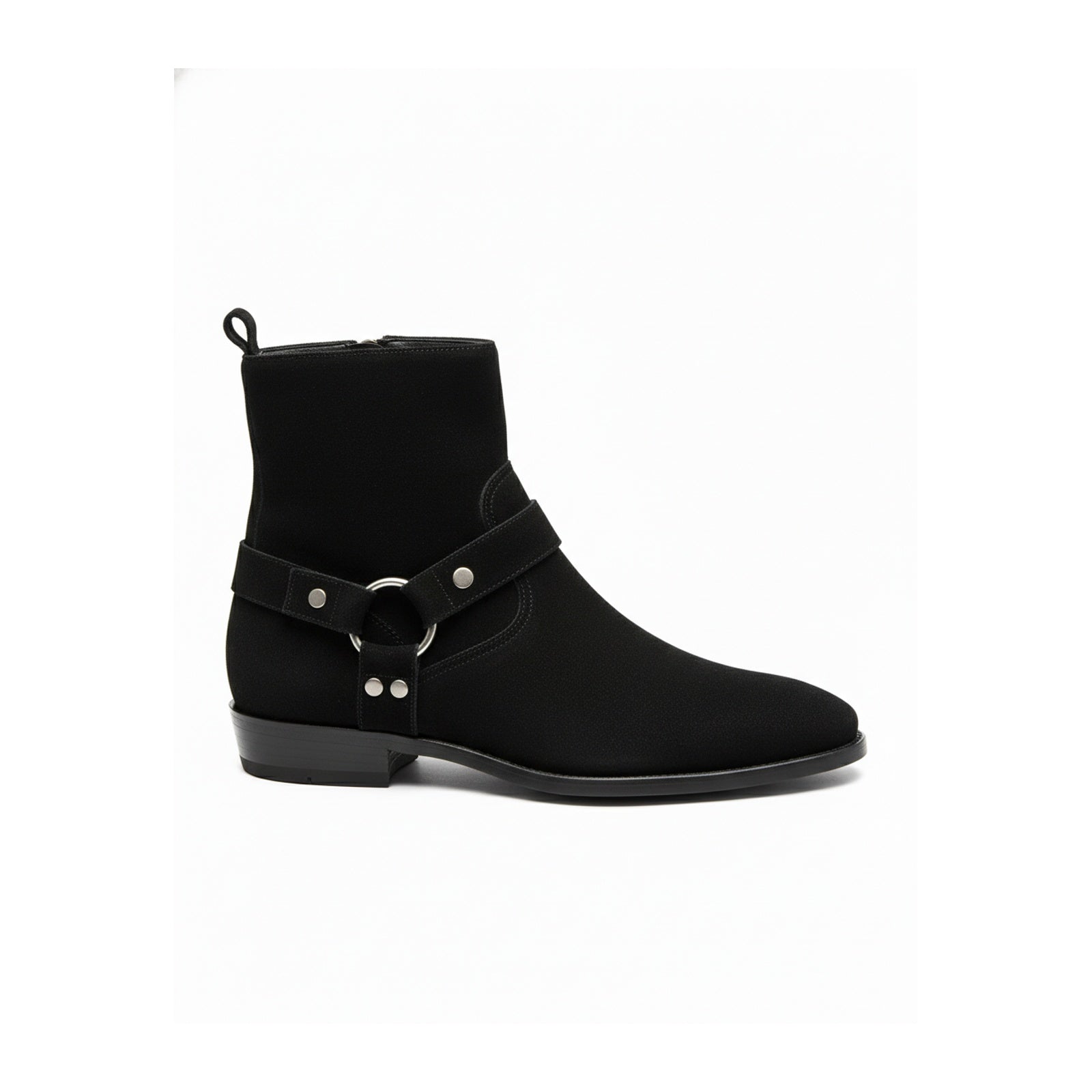 side-view - Men's Handmade Black Suede Biker Ankle Boots with Side Zipper