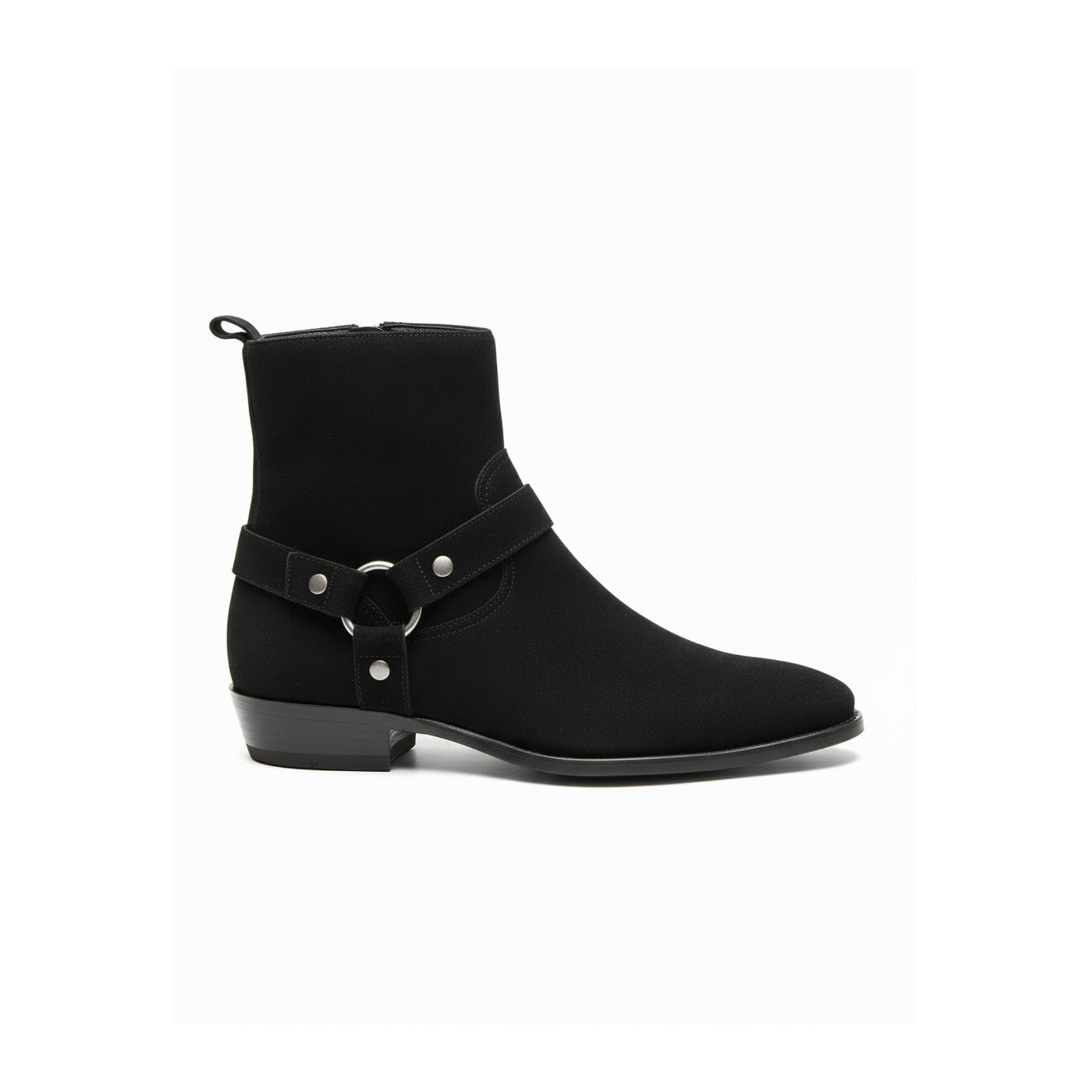 side-view - Men's Handmade Black Suede Biker Ankle Boots with Side Zipper